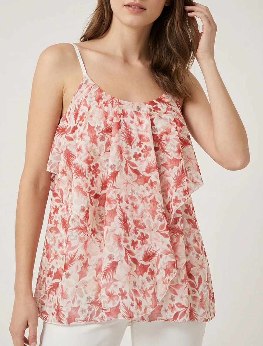 Blouse met ruches en bladprint. - Rood - Image 4