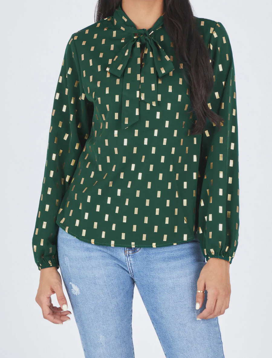 Blouse met strikkraag en vergulde rechthoekige print - groen - Image 4