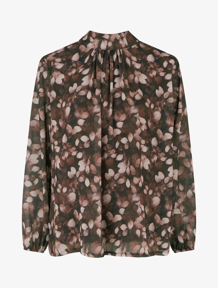 Blouse van vloeiende stof met bladdessin en koordjes. - Bruin