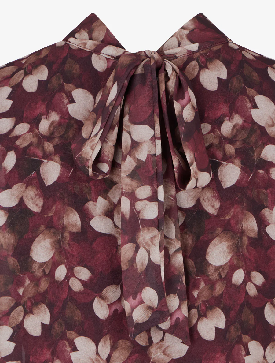 Blouse van vloeiende stof met bladdessin en koordjes. - Pruim - Image 3