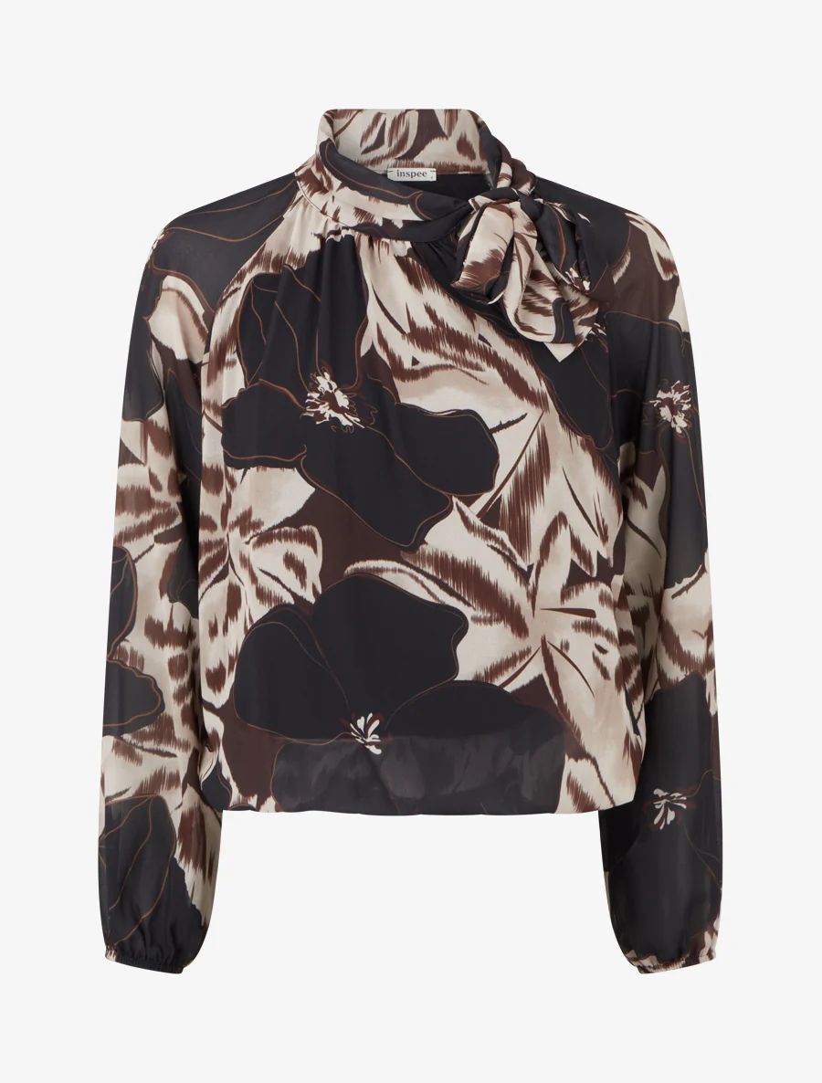Blouse van voile met bloemenprint om te knopen - Zwart
