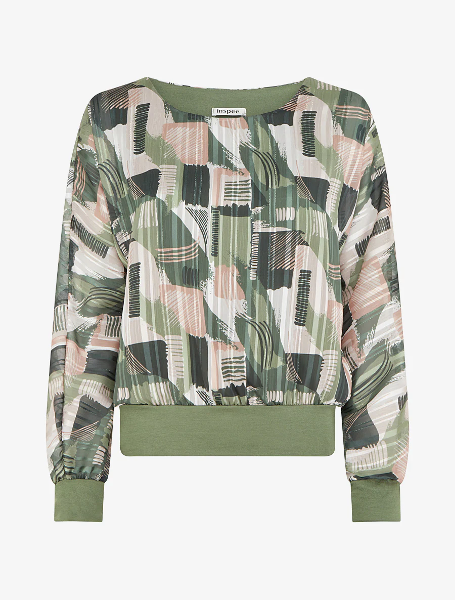 Blouse van voile met fantasieprint en iriserend detail - Kaki