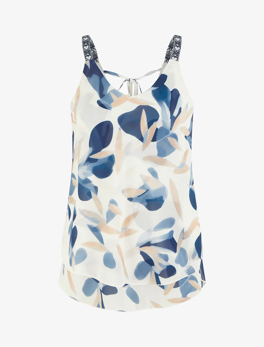 Blousetop met bladprint en geborduurde bandjes - Marine