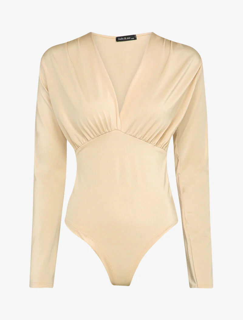 Body stretch met geplooide V-hals - Beige