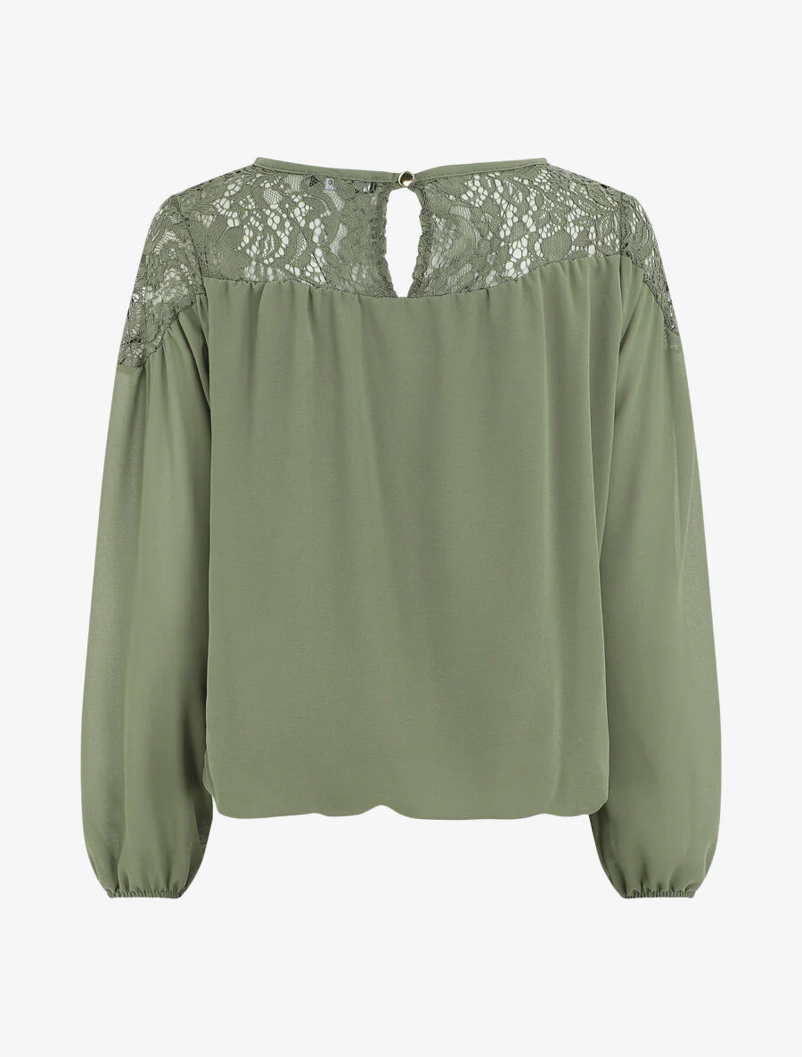 Bolvormige blouse van voile en kant - Kakigroen - Image 2
