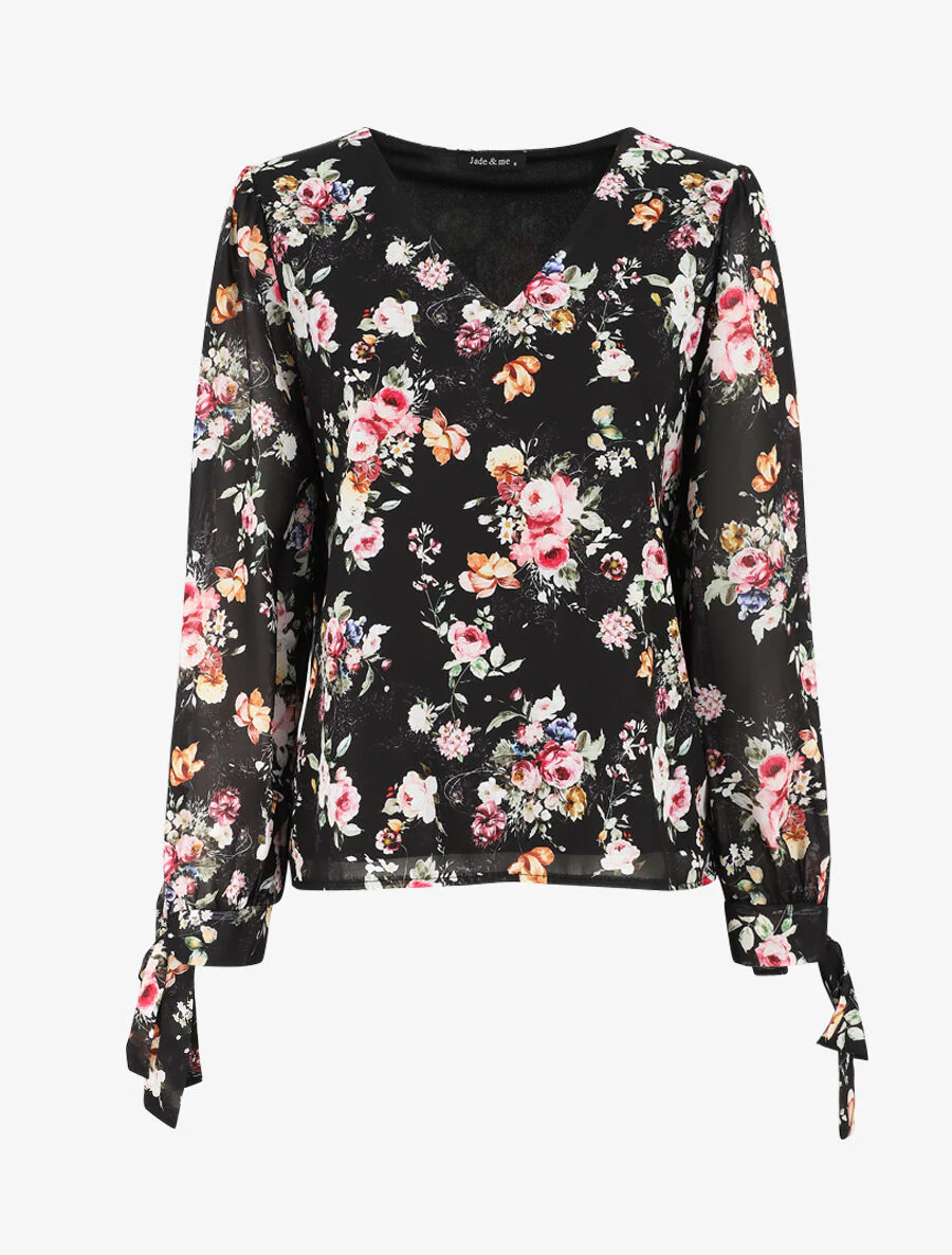 Bovenkant col V geprinte bloemen - zwart