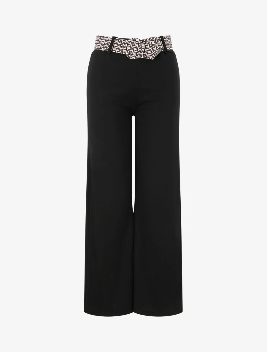 Grafische print flare broek met riem - Zwart