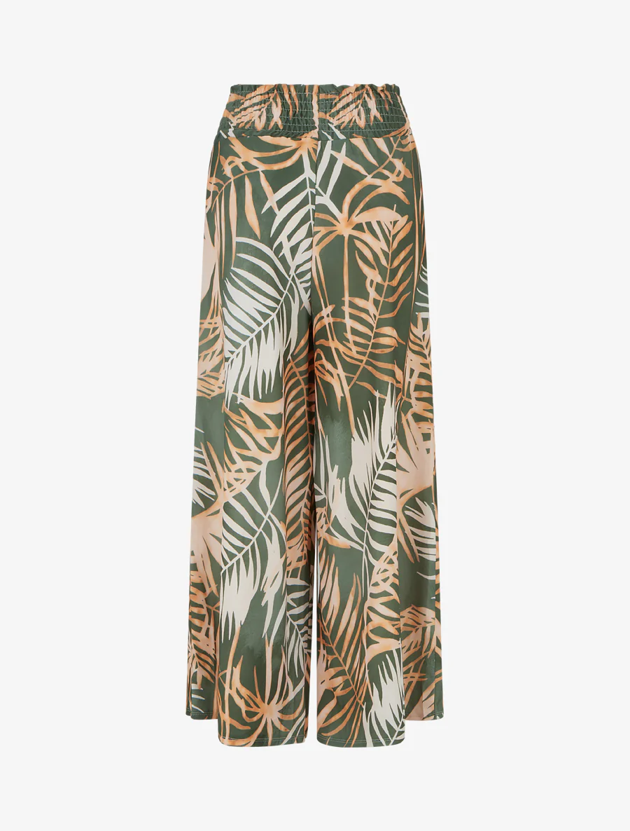 Broek met bladprint en elastische tailleband - Kaki - Image 2