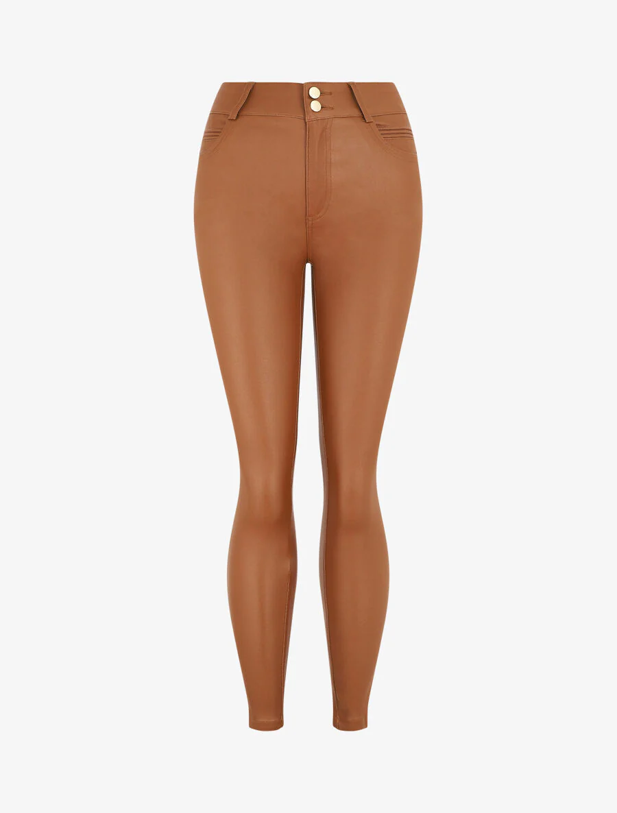 Broek met hoge taille van imitatieleer - Kameel