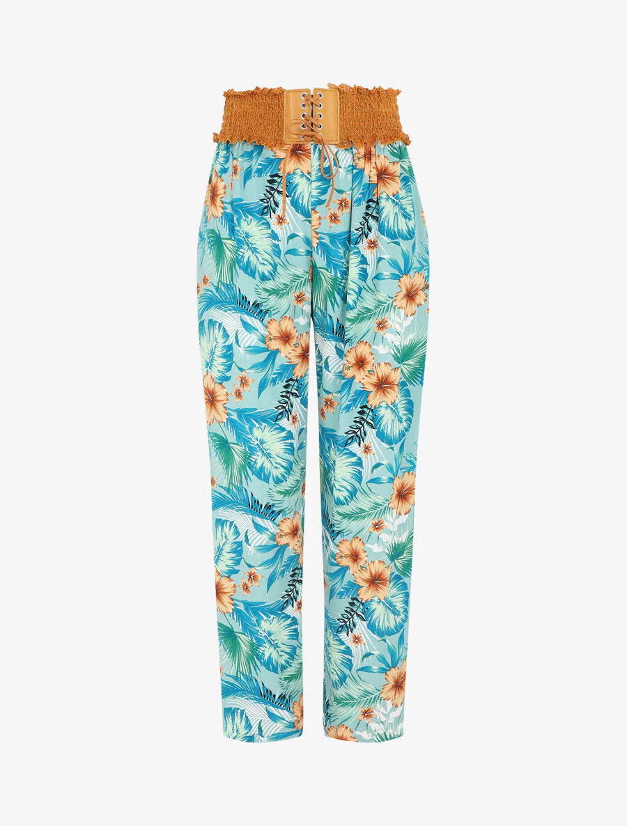 Broek met rechte pijpen en hoge taille met tropische print - mintgroen
