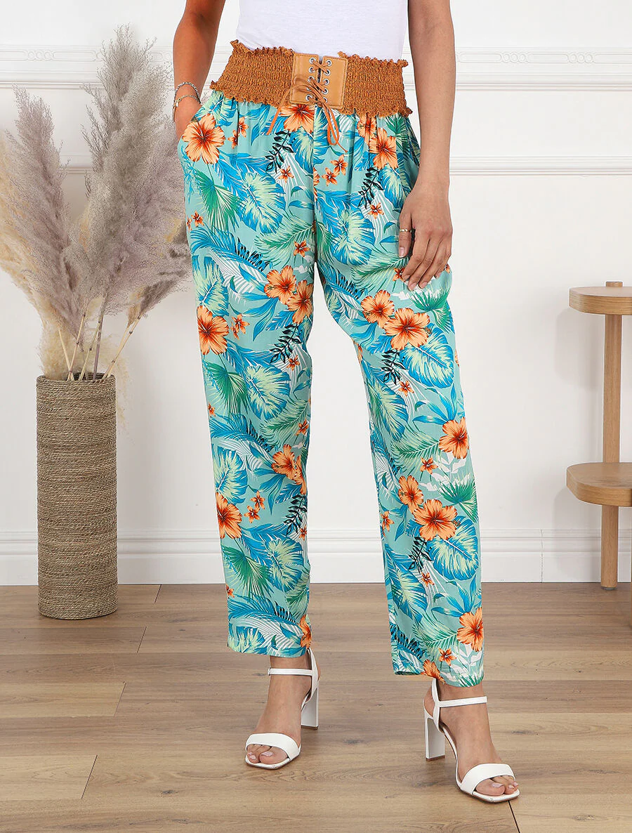Broek met rechte pijpen en hoge taille met tropische print - mintgroen - Image 4