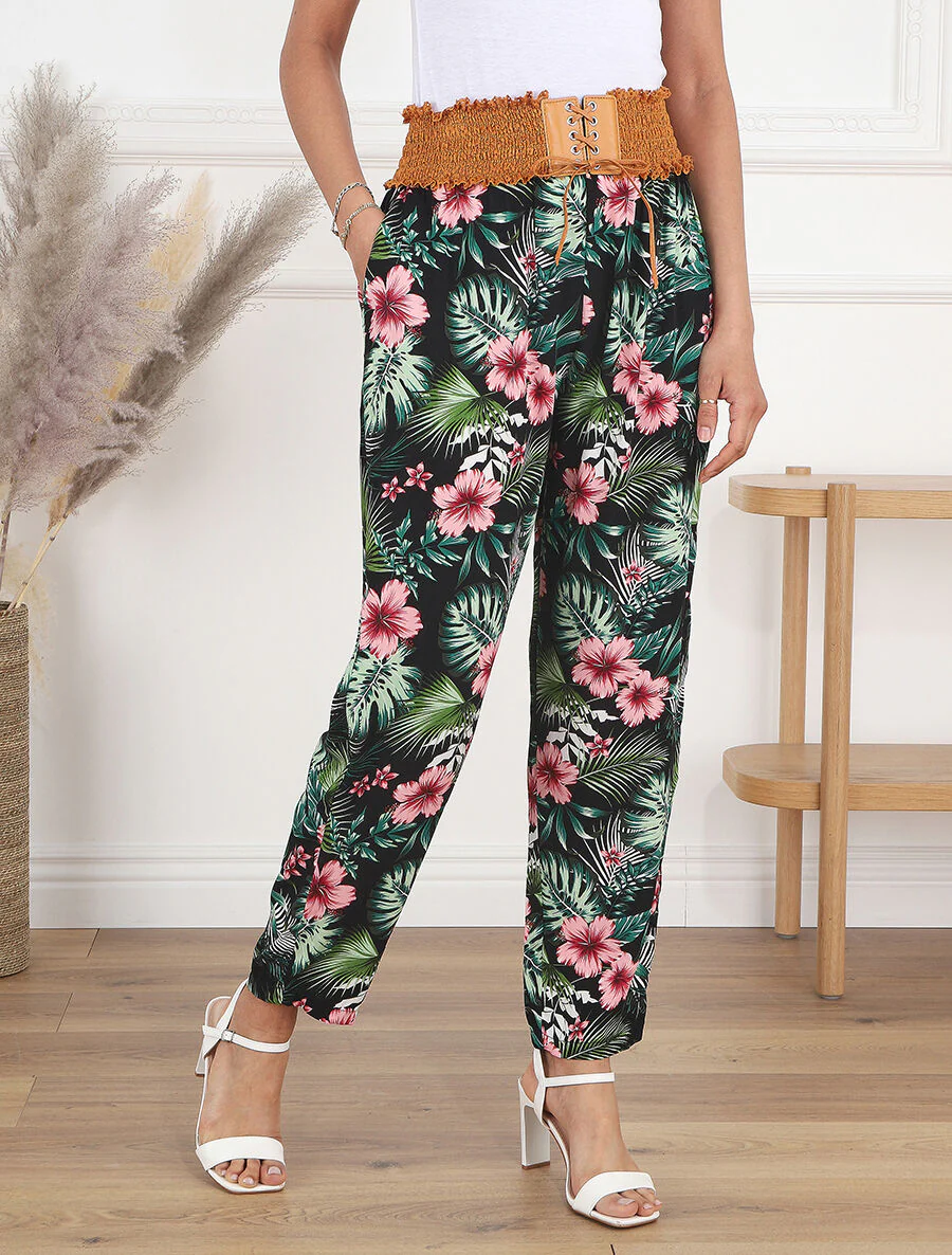 Broek met rechte pijpen en hoge taille met tropische print - zwart - Image 4