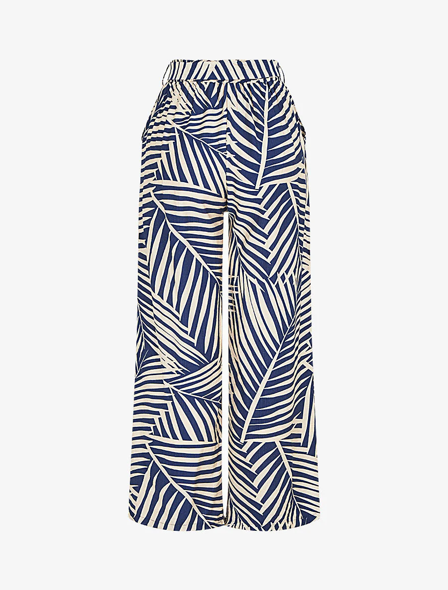 Broek met tropische print en hoge elastische tailleband - Marineblauw - Image 2