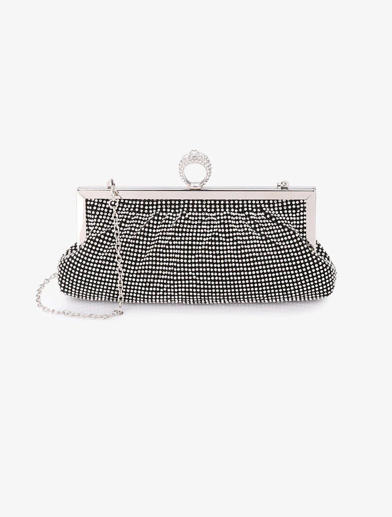Zakachtige clutch met strass en ring sluiting - Zwart