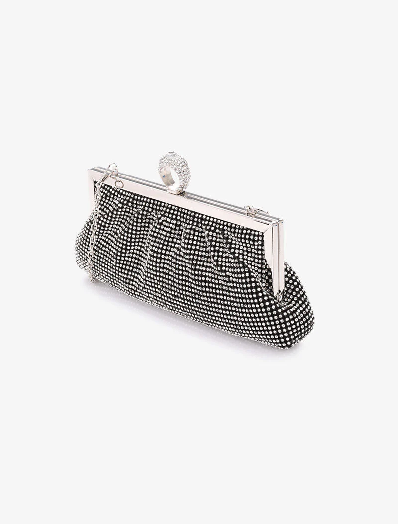 Zakachtige clutch met strass en ring sluiting - Zwart - Image 2