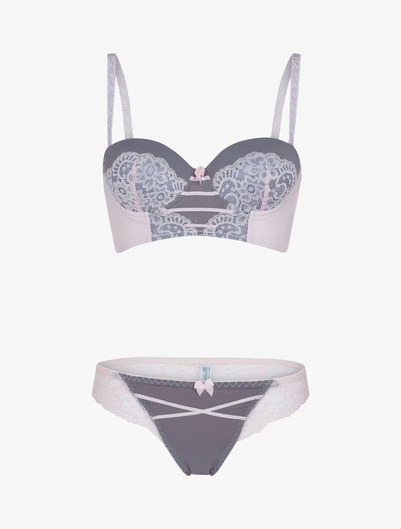 Bustier set met kanten details - donkergrijs/poederroze