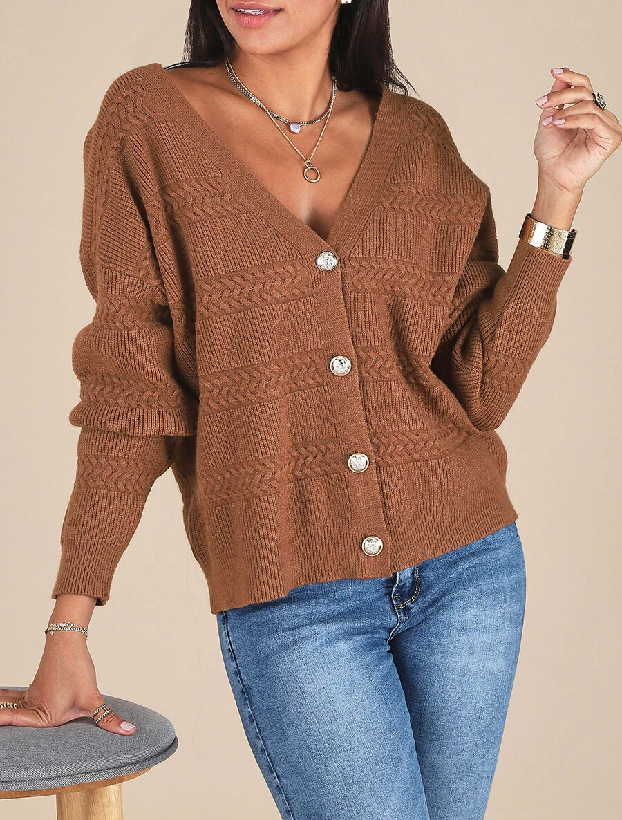 Effen cardigan met vierkante snit en getextureerd effect - Bruin - Image 4