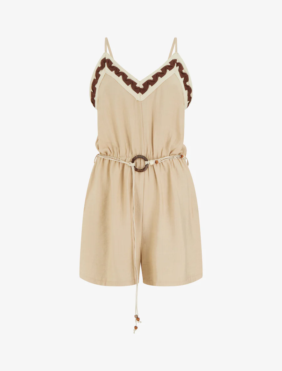 Combishort met fijne bandjes en fantasiekraag - Beige