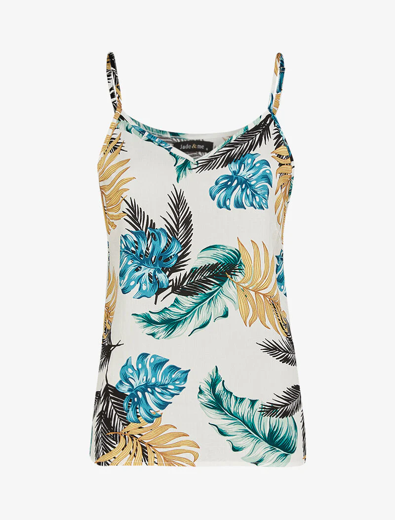Mouwloos shirt met tropisch bladerenprint - ecru