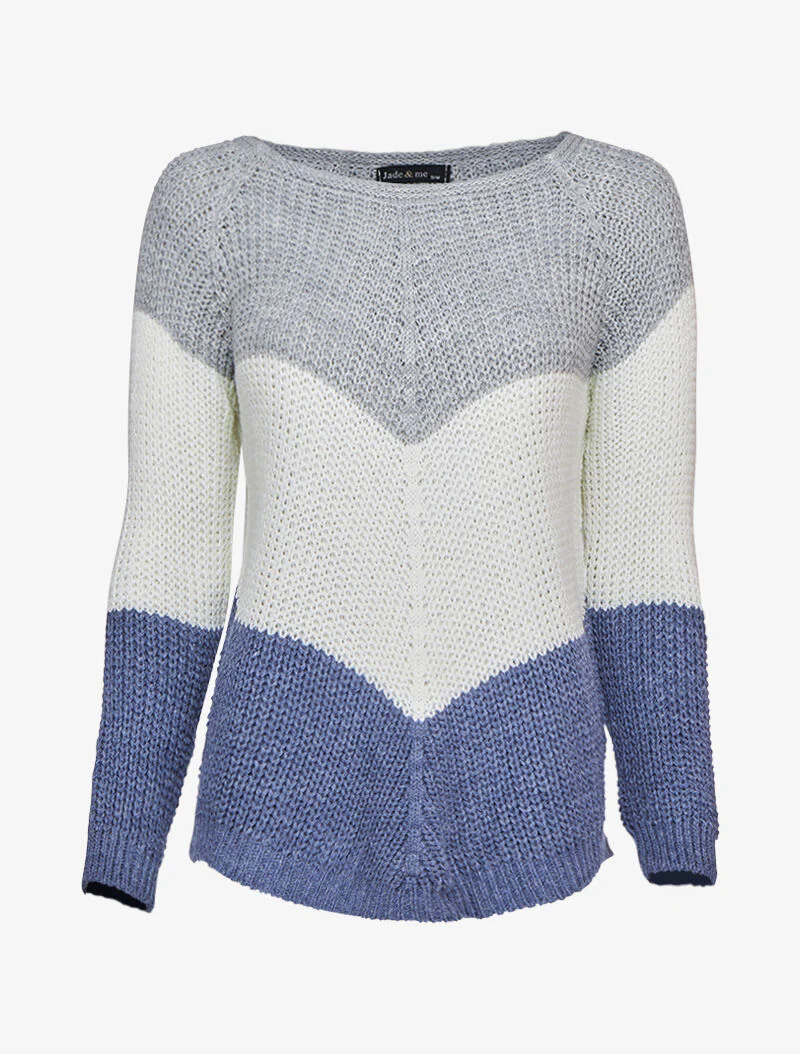 Dik gebreide trui met driekleurig V-patroon - Marineblauw