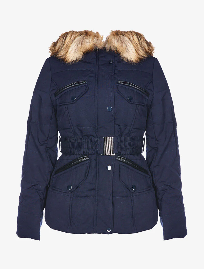 Donsjas met afneembare bontkraag - marine/beige