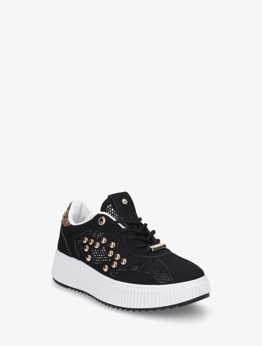 Doorgestikte sneakers met strass en geribbelde plateauzool. - Zwart - Image 2