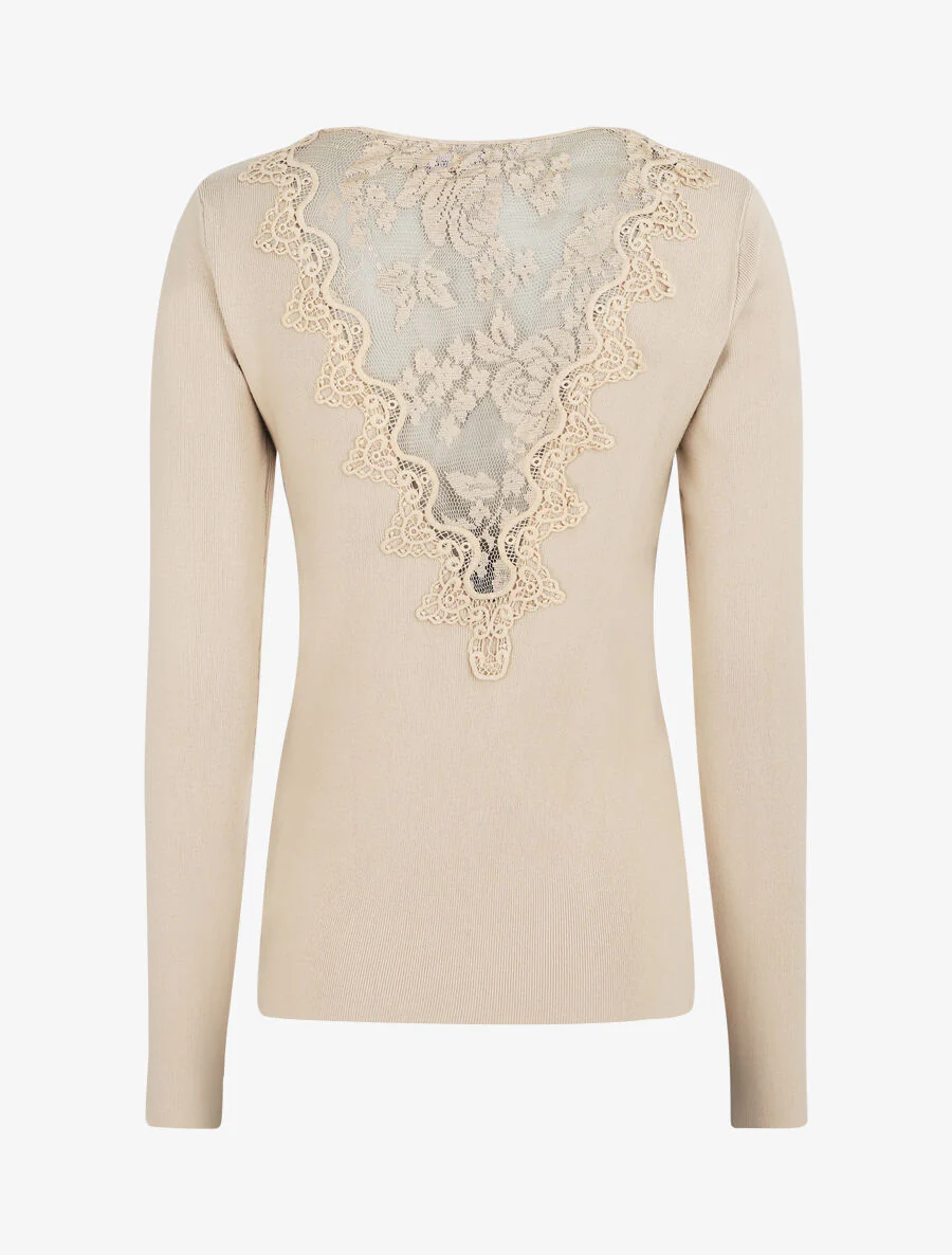 Dunne trui met kanten rug - beige - Image 3