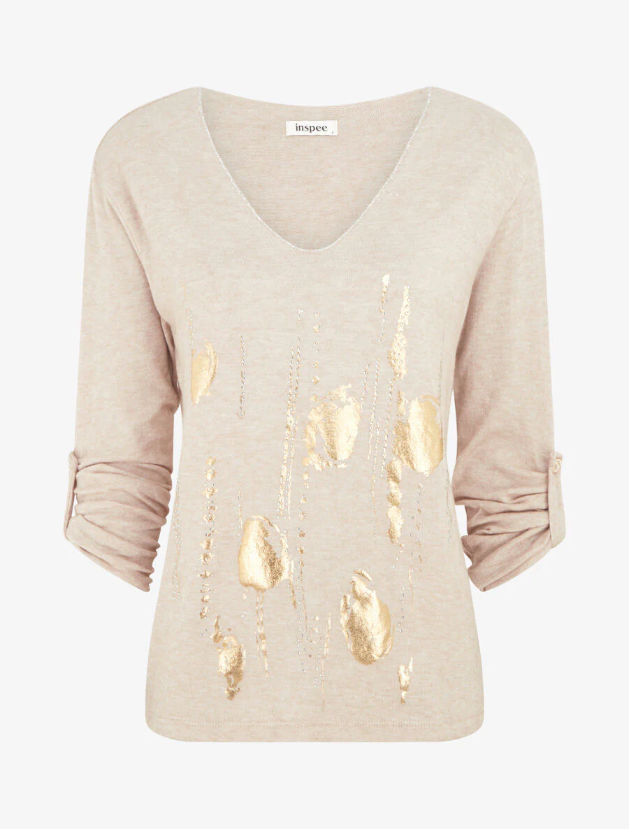 Dunne trui met lange oprolbare mouwen - beige