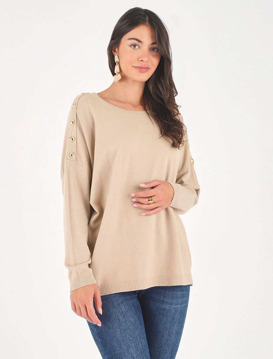 Dunne trui met ronde hals en sierknopen - beige