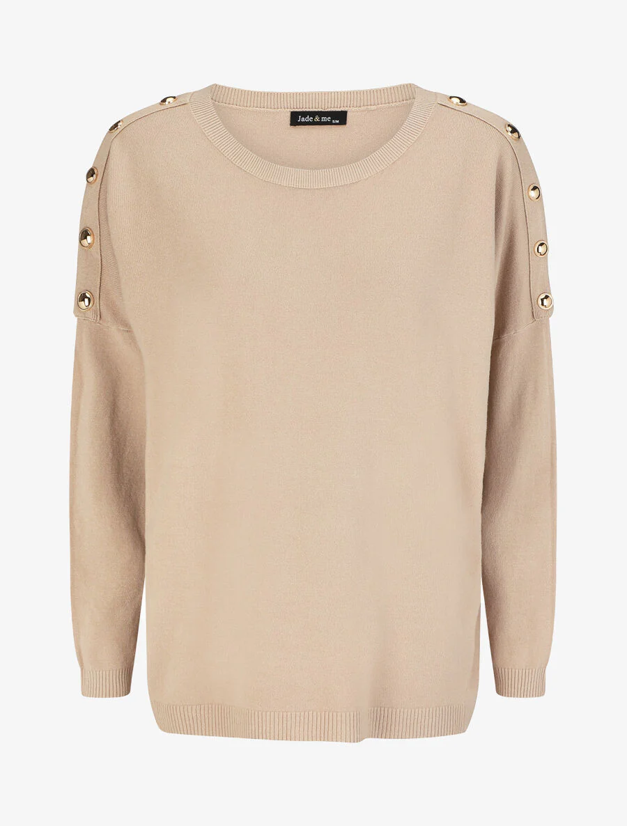 Dunne trui met ronde hals en sierknopen - beige - Image 4