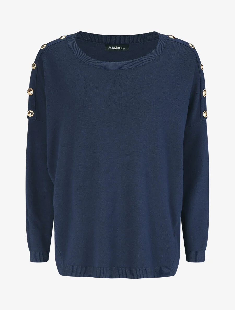 Dunne trui met ronde hals en sierknopen - Marineblauw