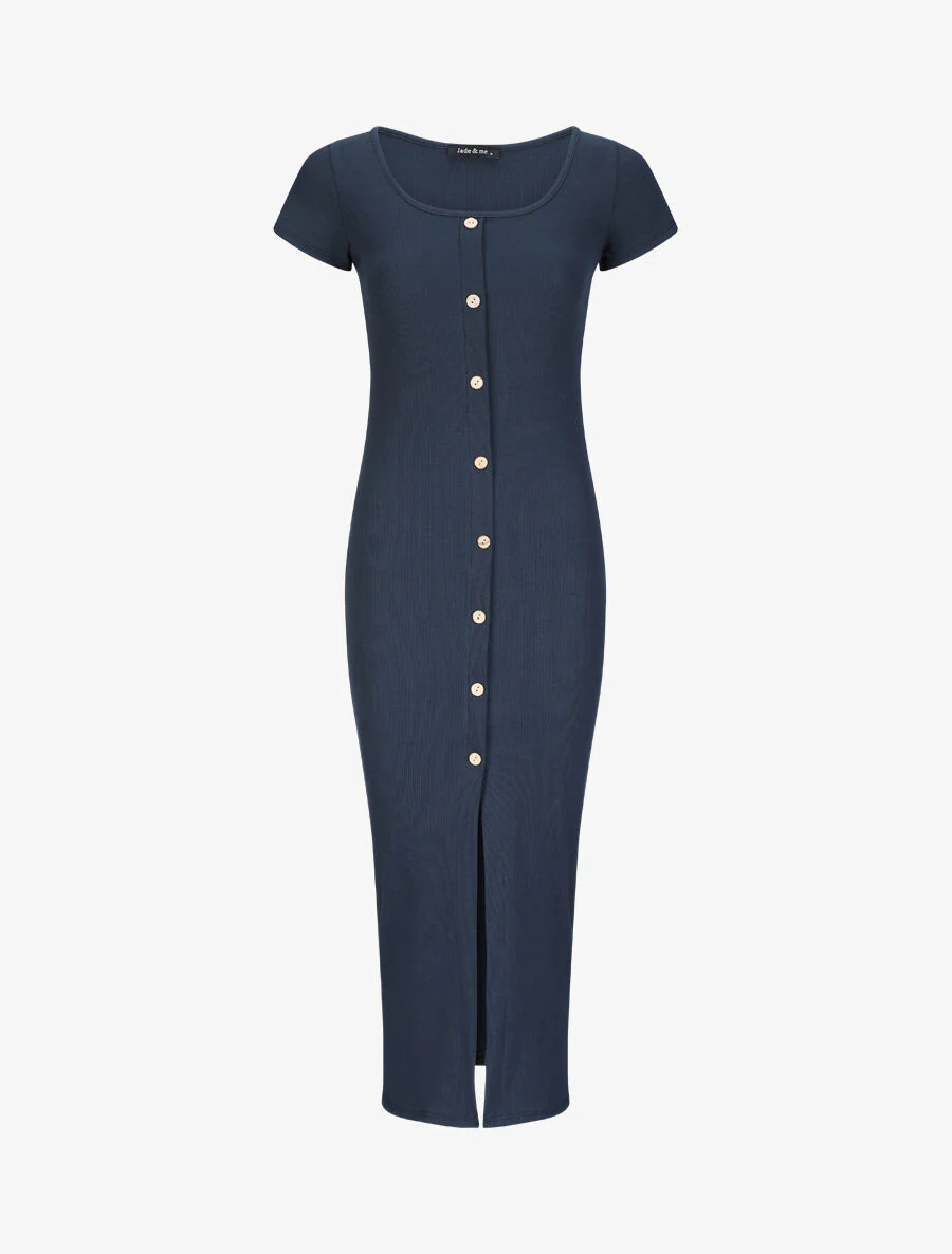 Een effen lange jurk met korte mouwen - Blauw