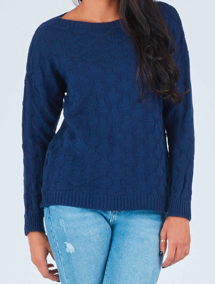 Een effen trui met een bootkraag - Donkerblauw - Image 4