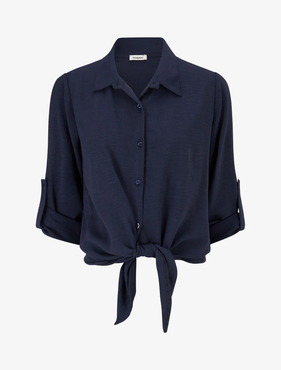 Effen blouse met striksluiting - Marineblauw