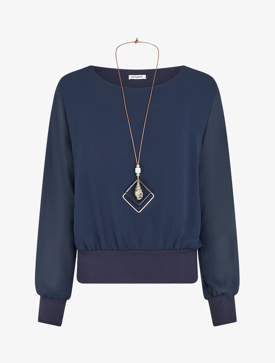 Effen blouse van voile met lange mouwen - Marine