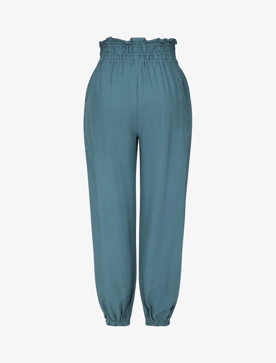Effen broek met elastische randen en sierknopen - Blauwgroen - Image 2