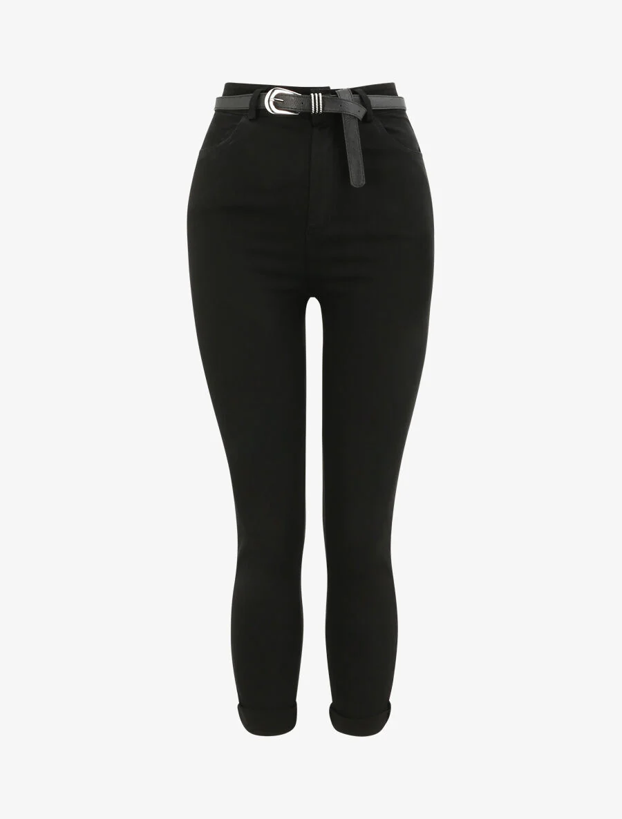 Effen broek met omgeslagen randen - Zwart