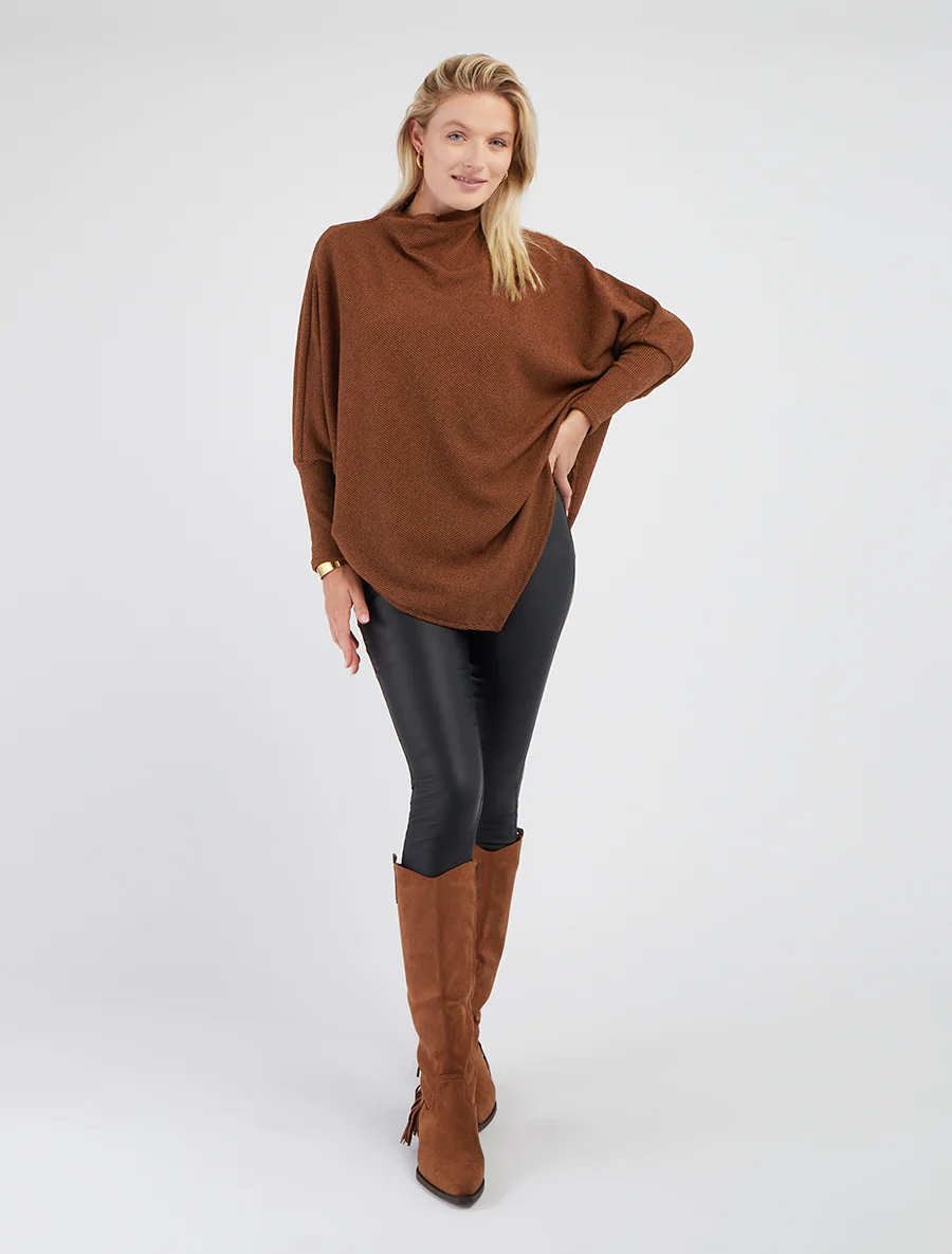 Effen dunne poncho met lange mouwen - Bruin - Image 5