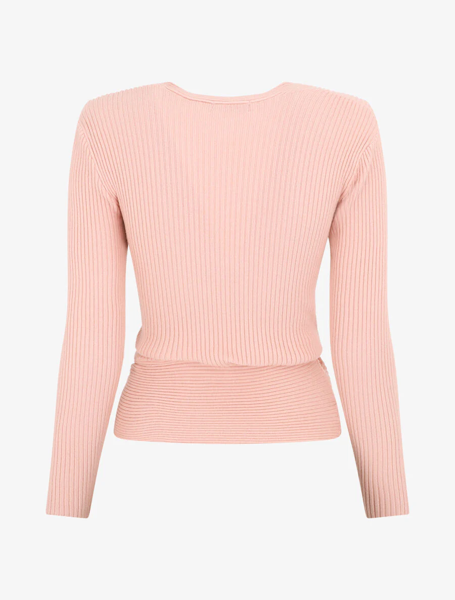 Effen geribde trui met omslagkraag - Roze - Image 2