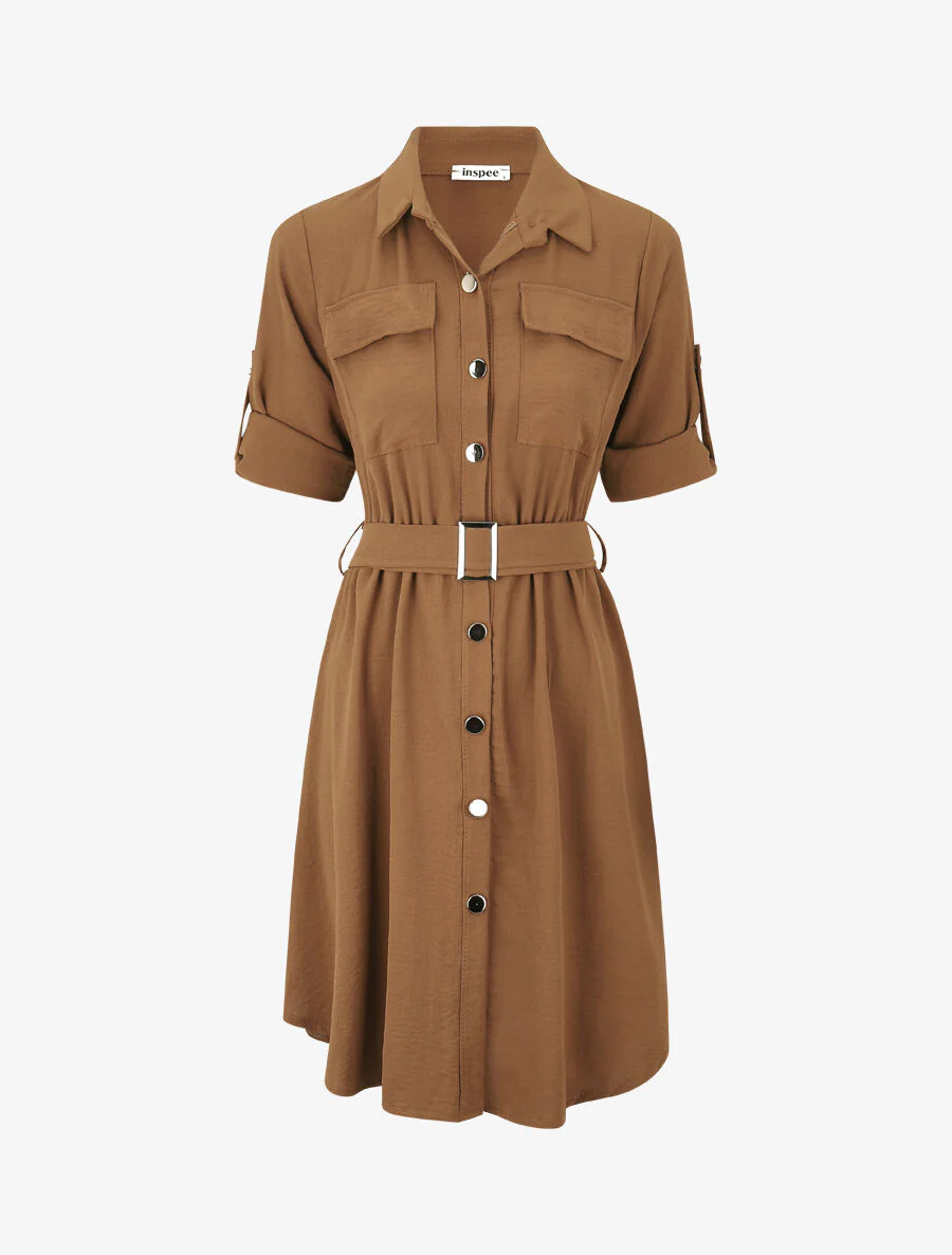 Effen halflange jurk met knoopsluiting - Camel