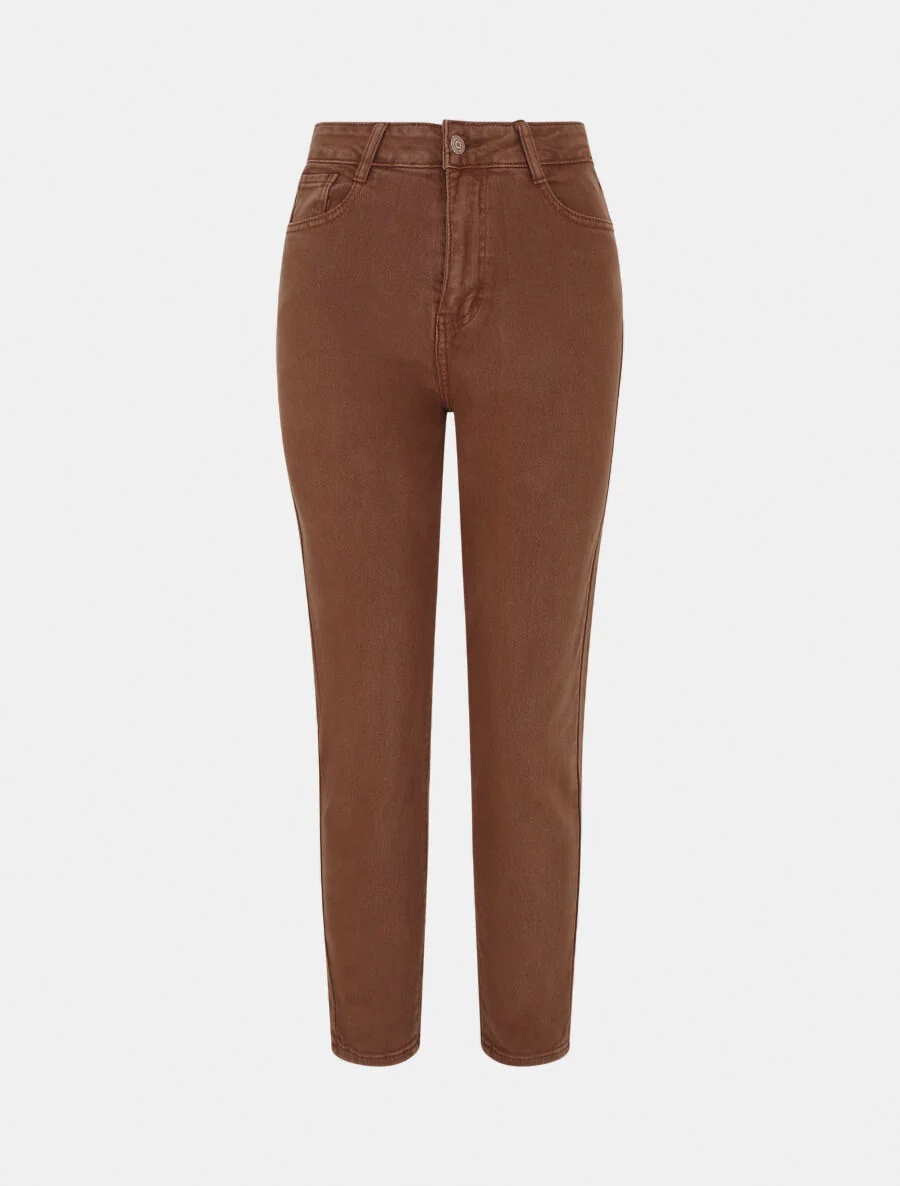Effen jeans met hoge taille - Bruin