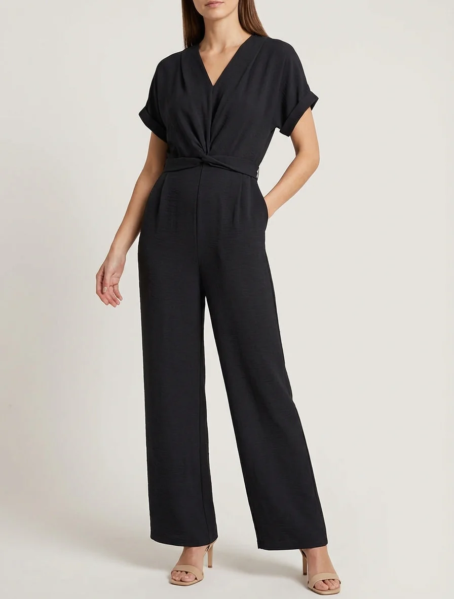 Effen jumpsuit met korte mouwen - Zwart - Image 4