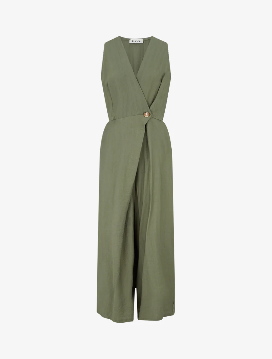 Effen jumpsuit met overslagkraag - Kaki