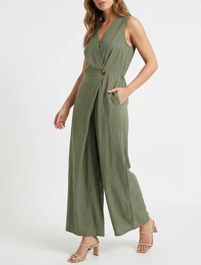 Effen jumpsuit met overslagkraag - Kaki - Image 4