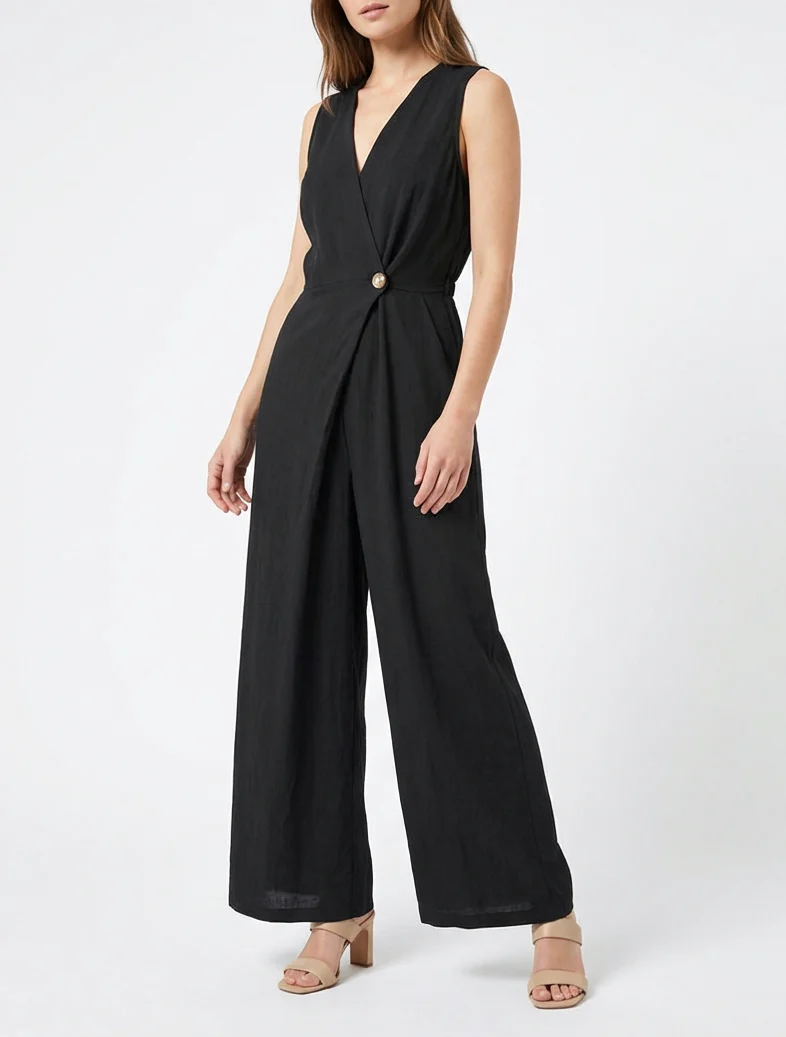 Effen jumpsuit met overslagkraag - Zwart - Image 4