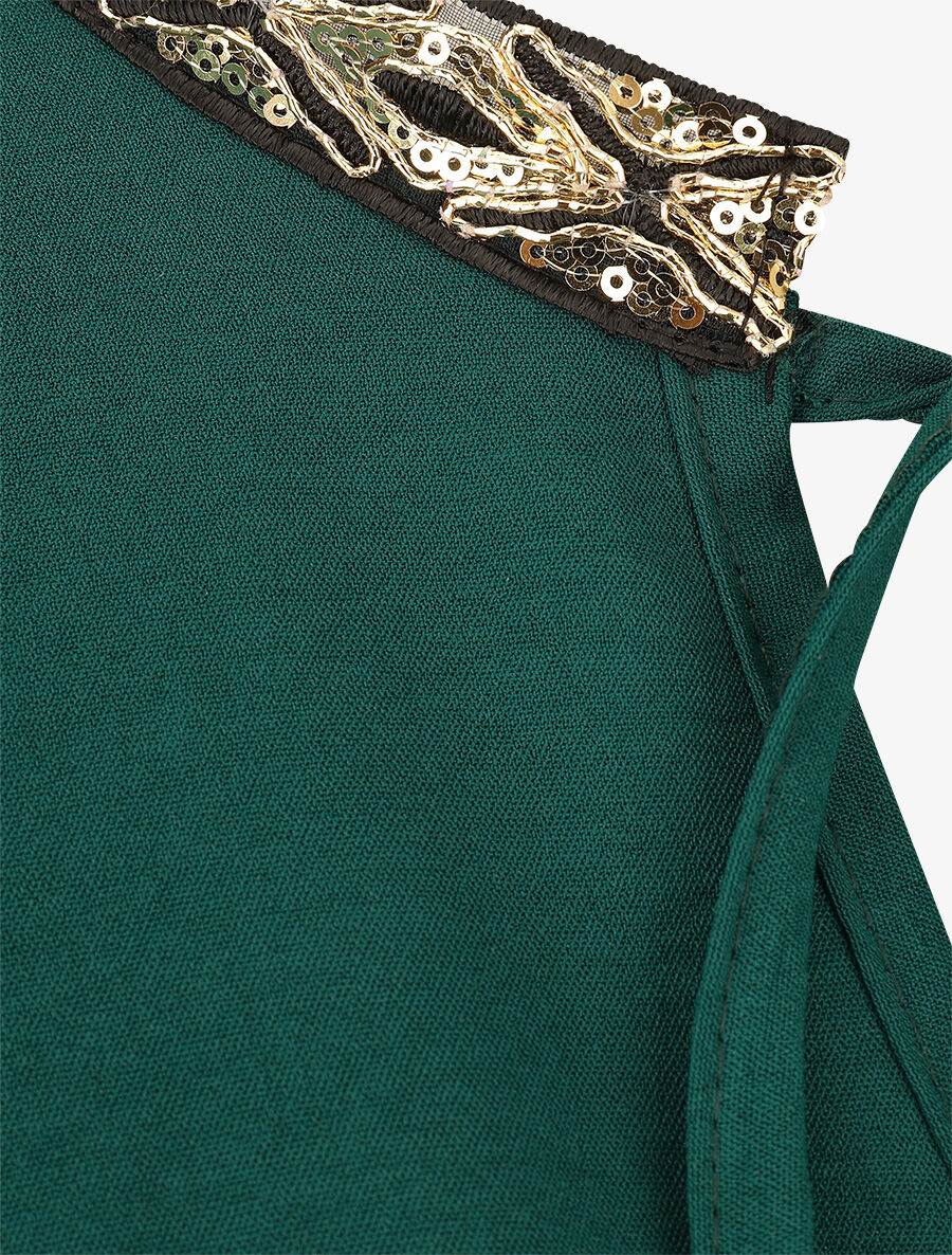 Effen knoopblouse met paillettenkraag - Dennengroen - Image 3