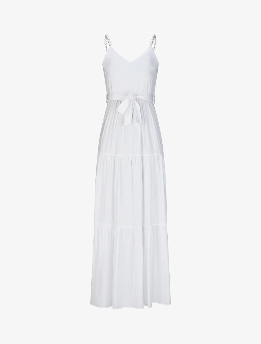 Effen lange empire jurk met parelbandjes - Wit