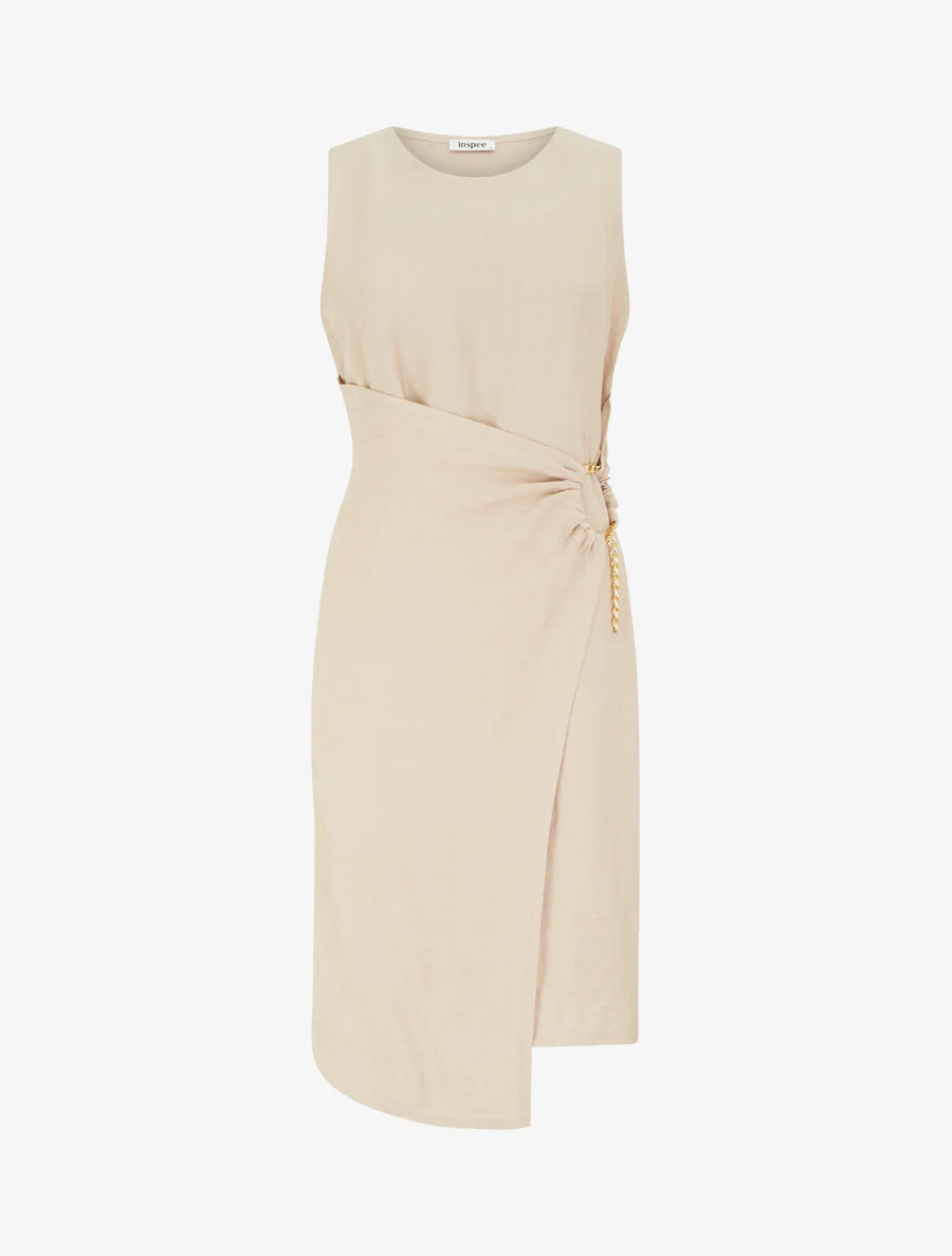 Effen lange jurk met kettinkje - Beige