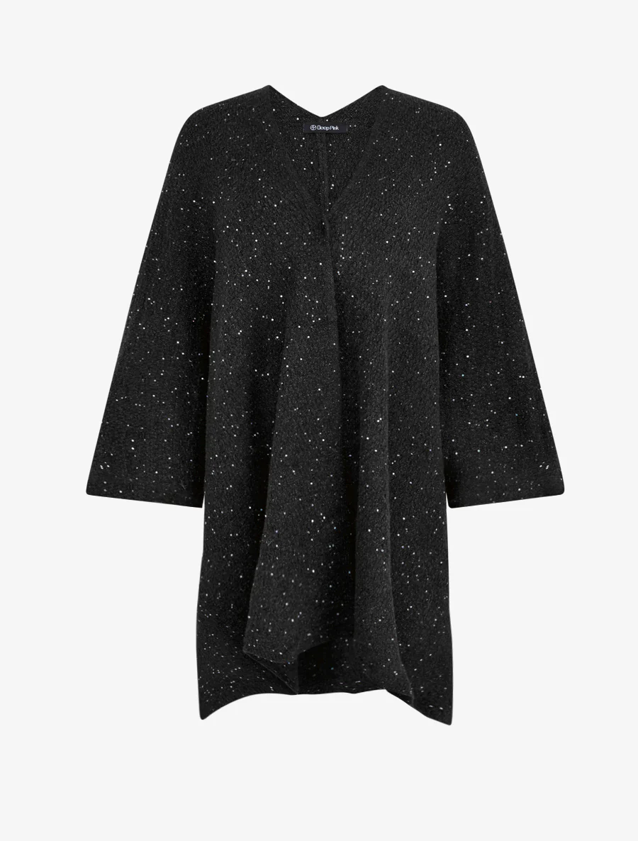 Effen lange poncho met pailletten - Zwart