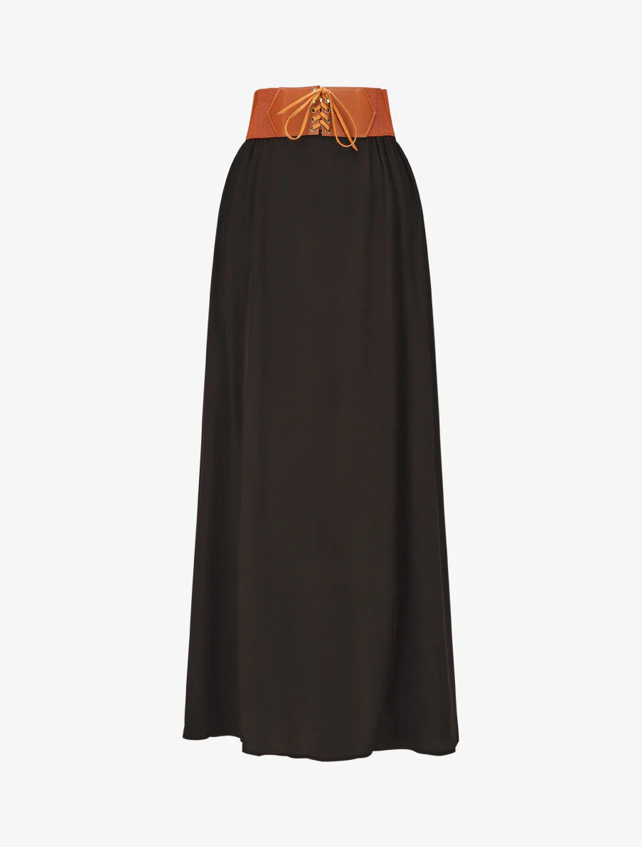 Effen lange rok met elastische tailleband - Zwart